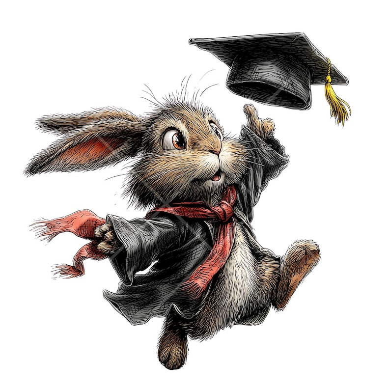 May include: A digitally illustrated graduation-themed image featuring a brown rabbit wearing a black graduation gown and a red scarf. The rabbit is jumping and tossing a black graduation cap with a gold tassel into the air.