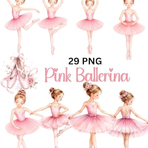 Pacote com 29 imagens de bailarinas: bailarinas de balé rosa, vestido de tutu e sapatilhas de ponta em PNG, para download digital em aquarela.