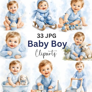 Babypojke Clipart-paket, akvarell nyfödd JPG, blå barnrumsillustrationer, babyshower-grafik, digital nedladdning