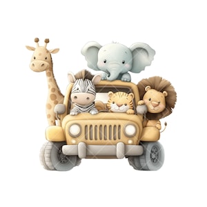 Clipart animal de safari mignon - 16 illustrations PNG à l'aquarelle d'éléphants, de lions et de girafes pour chambre d'enfant, chambre d'enfant et travaux manuels