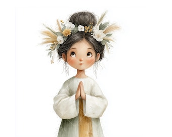 Boho First Communion Clipart: Watercolor Girl with Flower Crown (PNG Digital Download