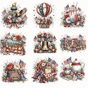 Pode incluir: Nove ilustra&ccedil;&otilde;es patri&oacute;ticas com bandeiras americanas, flores e s&iacute;mbolos. As imagens incluem um bal&atilde;o de ar quente, um milkshake, uma mala, um sino, a palavra "Liberdade", um r&aacute;dio, uma cesta de frutos silvestres e uma chaleira, tudo em vermelho, branco e azul.