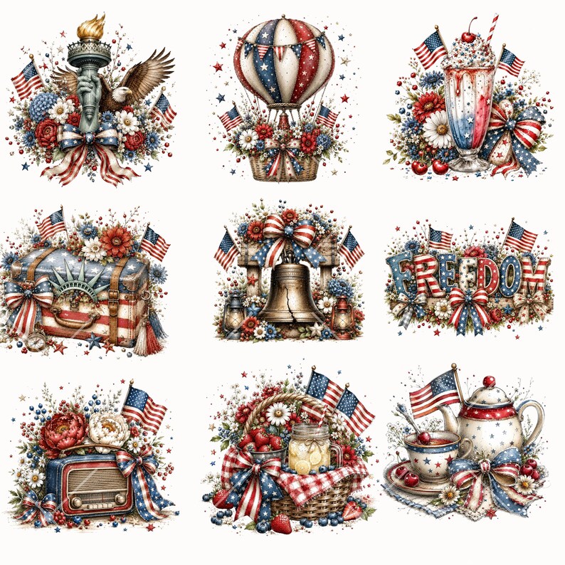 Pode incluir: Nove ilustra&ccedil;&otilde;es patri&oacute;ticas com bandeiras americanas, flores e s&iacute;mbolos. As imagens incluem um bal&atilde;o de ar quente, um milkshake, uma mala, um sino, a palavra "Liberdade", um r&aacute;dio, uma cesta de frutos silvestres e uma chaleira, tudo em vermelho, branco e azul.