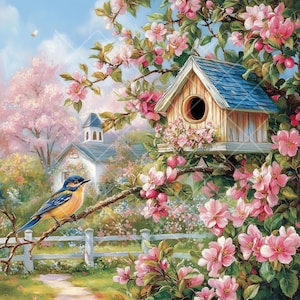 May include: A bluebird perched on a branch in a spring garden with a birdhouse in a tree and a white picket fence in the background. The birdhouse is made of wood and has a blue roof. The garden is filled with pink flowers.