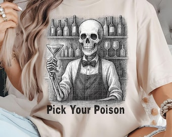 Skeleton Bartender PNG: Gothic Halloween T-Shirt Design (Digital Download)