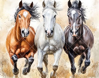水彩画の馬のクリップアート：パステル調の農場の動物のイラスト（JPG