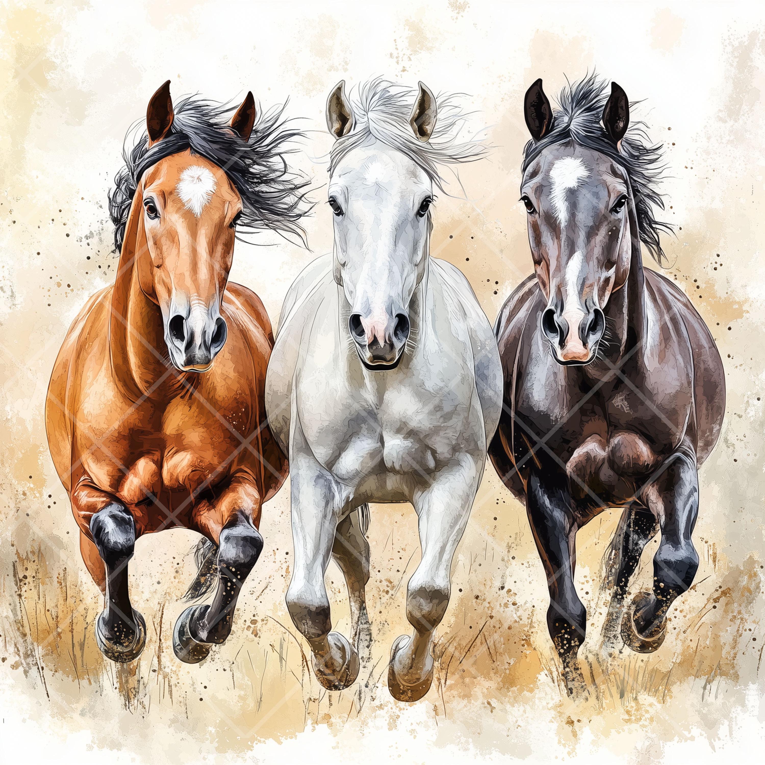 水彩画の馬のクリップアート：パステル調の農場の動物のイラスト（JPG