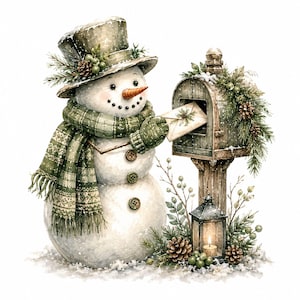 May include: A snowman wearing a green patterned scarf, green mittens, and a top hat decorated with pine branches and berries. The snowman places a letter into a wooden mailbox adorned with pine needles and pinecones, next to a lit lantern.