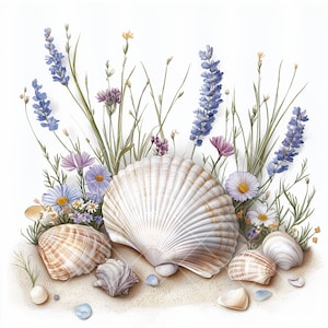 10 Elegant Seashells and Wildflowers Clipart,   - Coastal Beach Digital Art with jpg  White Background for Crafts, Scrapbooking and Design