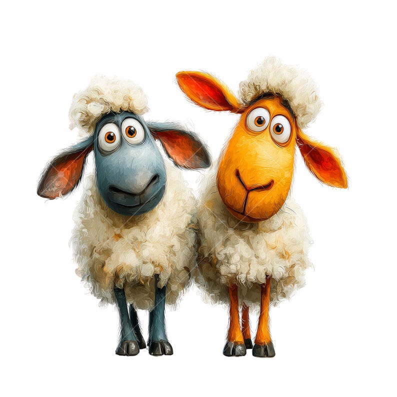 May include: Two cartoon sheep stand side-by-side against a white background. One sheep is blue with a white fluffy coat, and the other is orange with a white fluffy coat. Both have large eyes and are smiling.