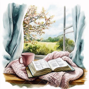 Escena acogedora junto a la ventana: 14 imágenes prediseñadas en formato JPG de calidez, libros y café en acuarela, rincón de lectura junto a la ventana, estado de ánimo romántico, mañana de primavera