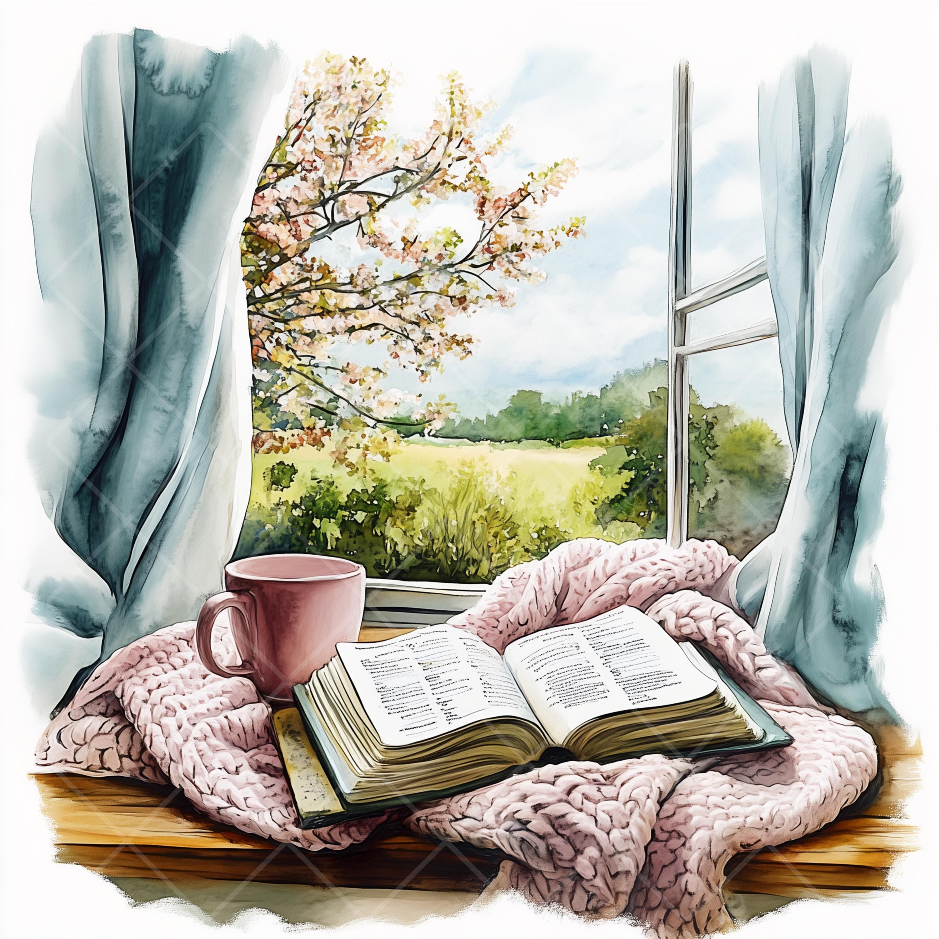 MR-558A ヴィンテージ　絵画 女性と窓と秋と読書　イラスト風絵画 居心地の良い窓辺の読書コーナーのクリップアート：水彩画のコーヒー