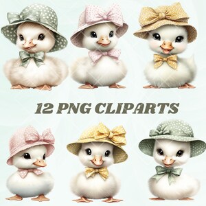 12 cliparts PNG, adoráveis patinhos fofinhos com chapéus fofos, perfeitos para scrapbooking, convites, arte de animais de fazenda, estilo cartoon