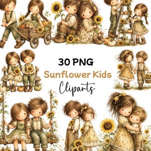 Może przedstawiać: Kolekcja 30 cyfrowych ilustracji PNG zatytułowana Sunflower Kids Cliparts, przedstawiająca rysunki w stylu akwareli z dziećmi o brązowych włosach wchodzącymi w interakcje ze słonecznikami, drewnianymi wozami, drabinami, ławkami, huśtawkami i dyniami.