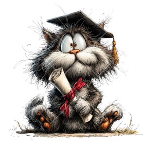 May include: A cartoon illustration of a fluffy cat wearing a graduation cap and holding a diploma tied with a red ribbon. The cat has wide eyes and a surprised expression, with a white background.