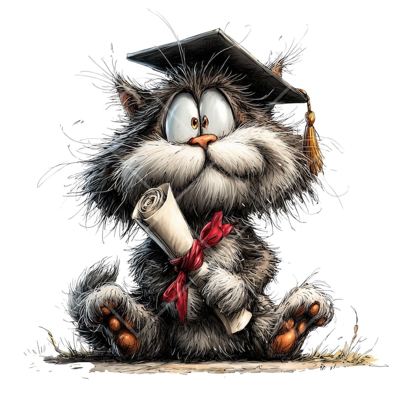 May include: A cartoon illustration of a fluffy cat wearing a graduation cap and holding a diploma tied with a red ribbon. The cat has wide eyes and a surprised expression, with a white background.