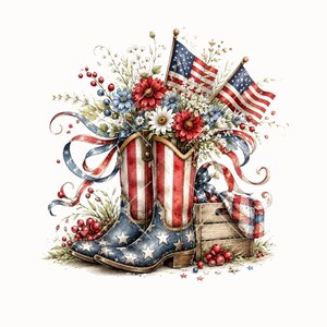 Pode incluir: Ilustra&ccedil;&atilde;o em aquarela de botas de cowboy decoradas com o design da bandeira americana, cheias de flores e duas pequenas bandeiras americanas. As botas s&atilde;o azuis com estrelas brancas e listras vermelhas e brancas.