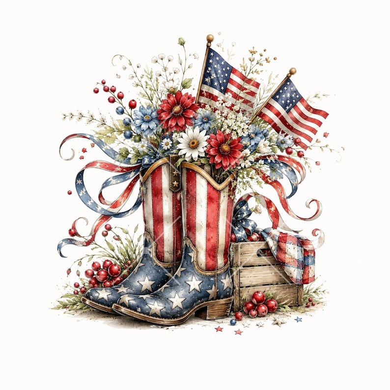 Pode incluir: Ilustra&ccedil;&atilde;o em aquarela de botas de cowboy decoradas com o design da bandeira americana, cheias de flores e duas pequenas bandeiras americanas. As botas s&atilde;o azuis com estrelas brancas e listras vermelhas e brancas.