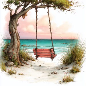 Puede incluir: Ilustración en acuarela de una escena de playa con un columpio de madera rojo colgando de una rama. El columpio mira hacia el océano con un cielo rosa y azul. Hierba alta y arena rodean el columpio, creando una atmósfera pacífica.