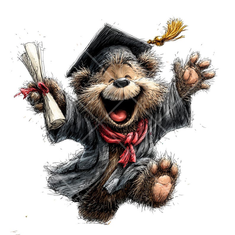 May include: A cartoon illustration of a graduating bear, wearing a black graduation cap with a gold tassel and a black robe. The bear is holding a diploma tied with a red ribbon and has a red scarf. The bear is smiling and jumping with excitement.