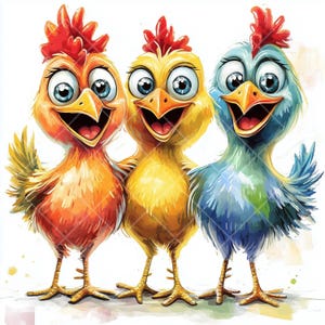 10 JPG drôle de poulet fou, dessin animé coq Clipart, clipart animaux de la ferme, Junk Journal en téléchargement numérique, créations en papier, poulet original