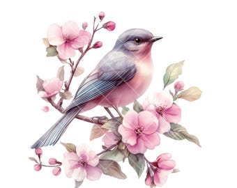 ブルーバード水彩画：春の桜（デジタルダウンロード） - Etsy 日本