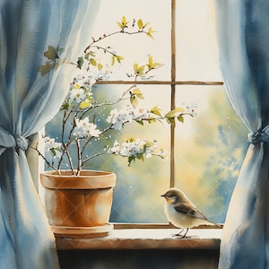 Peut inclure: Peinture à l'aquarelle d'une scène de fenêtre. Une plante à fleurs en pot avec des fleurs blanches est posée sur le rebord de la fenêtre. Un petit oiseau se perche à proximité. Des rideaux bleus encadrent la fenêtre, avec la lumière du soleil.