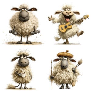 May include: Four cartoon illustrations of sheep. One is lifting weights, another playing a ukulele, a third holding a coffee cup, and the last wearing a beret and holding a paintbrush. All have light brown wool.