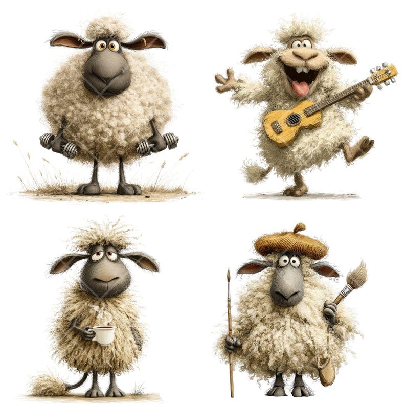 May include: Four cartoon illustrations of sheep. One is lifting weights, another playing a ukulele, a third holding a coffee cup, and the last wearing a beret and holding a paintbrush. All have light brown wool.