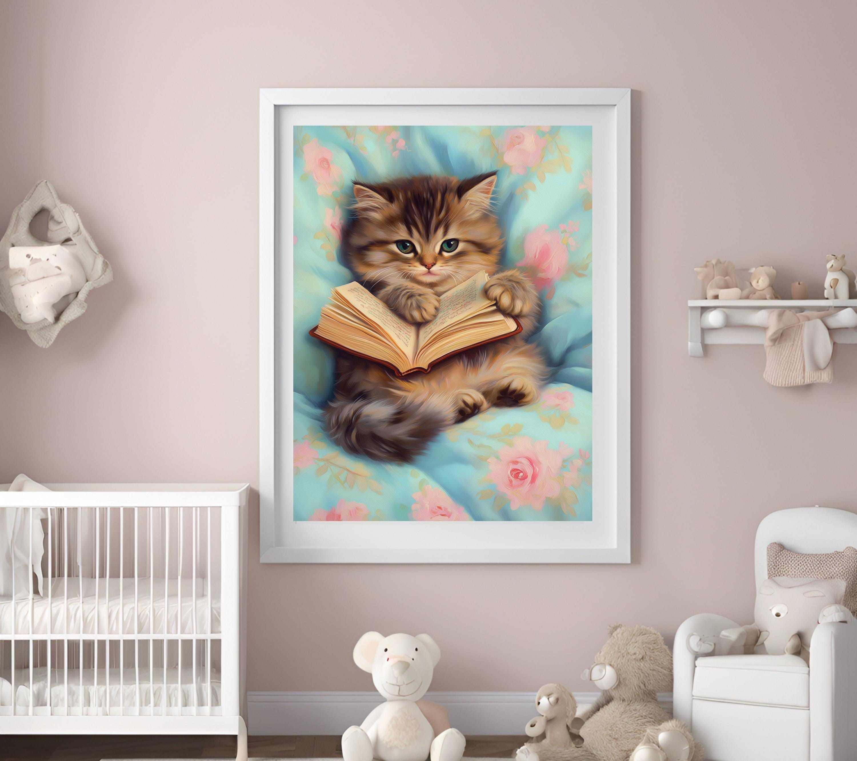 Retro Cat Reading Art Print: Floral Blanket, Bookworm Decor  Orange Cat Book Worm Fluffy Flower Blanket Floral Framed Canvas Print Wall Art main image 0