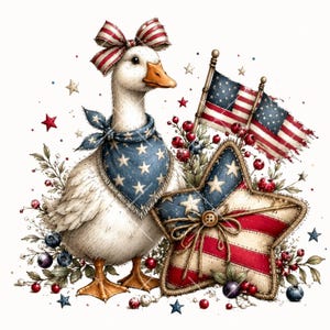 Pode incluir: Uma ilustra&ccedil;&atilde;o de um ganso usando um la&ccedil;o e uma bandana patri&oacute;ticos, com uma almofada em forma de estrela e bandeiras americanas. O ganso &eacute; branco com bico e patas laranja. O la&ccedil;o e a bandana s&atilde;o azuis com estrelas brancas. A almofada tem listras vermelhas e brancas.