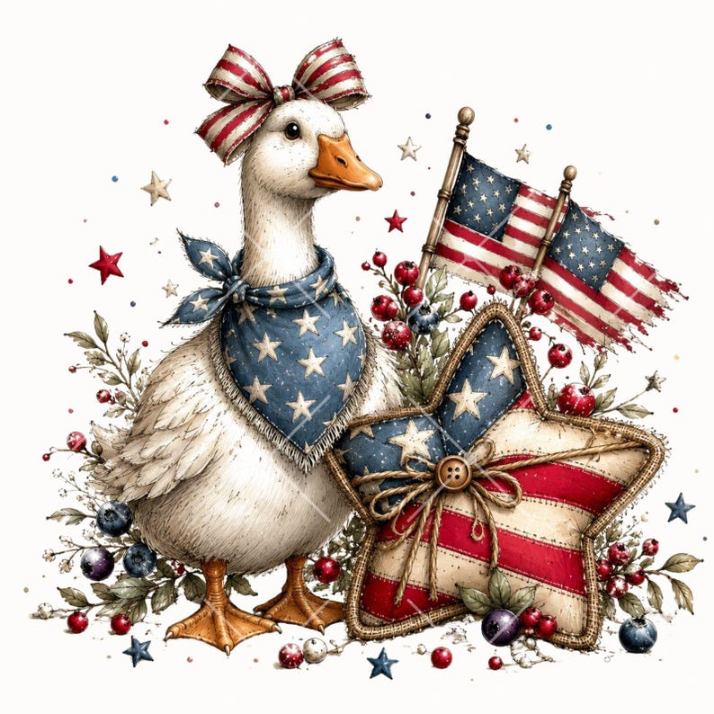 Pode incluir: Uma ilustra&ccedil;&atilde;o de um ganso usando um la&ccedil;o e uma bandana patri&oacute;ticos, com uma almofada em forma de estrela e bandeiras americanas. O ganso &eacute; branco com bico e patas laranja. O la&ccedil;o e a bandana s&atilde;o azuis com estrelas brancas. A almofada tem listras vermelhas e brancas.