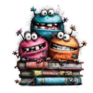 May include: A vibrant illustration of three fluffy monsters in blue, pink, and orange, each with big eyes and toothy grins, perched atop a stack of books. The books are in various colours, with some titles visible.