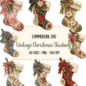 May include: A collection of eight decorative Christmas stockings featuring various floral, snowflake, and scroll patterns in red, green, blue, and cream colors, adorned with bows, lace, and pine accents. Text reads: COMMERCIAL USE Vintage Christmas Stocking 40 FILES - PNG - 300 DPI.