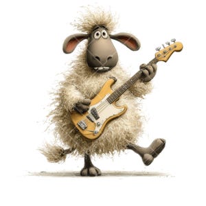 May include: A cartoon sheep playing a yellow electric guitar. The sheep has a fluffy, cream-coloured coat, brown ears, and a surprised expression. The guitar has a white pickguard and silver hardware.