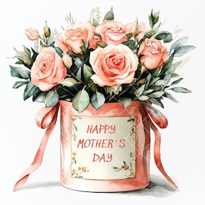 Aquarel Happy Mother's Day-clipart – 10 JPG-rozen in geschenkverpakking met elegante bloemenelementen – Perfect voor kaarten en decoraties!