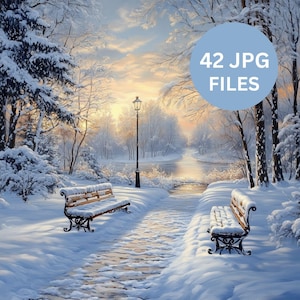 Può includere: Dipinto di un paesaggio invernale con un parco innevato con panchine, alberi e un lampione. Il cielo è un mix di giallo e blu. Il testo "42 JPG FILES" è incluso in un cerchio blu.