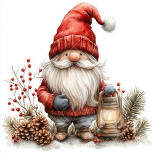 Gnomo navideño en acuarela: descarga digital navideña (JPG, 4096 x 4096 px, 300 dpi)