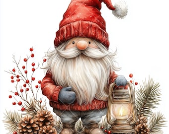 Puede incluir: Ilustración en acuarela de un gnomo navideño con gorro y suéter rojos, con barba y bigote largos y blancos. El gnomo sostiene una linterna con una vela encendida, rodeado de piñas, bayas y ramas de hoja perenne. El tema general es festivo.