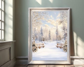 Winter Wonderland Wall Art - Snowy Landscape Print - Frosted Trees, Benches & Golden Light - Holiday Decor, Serene Winter Scene Painting