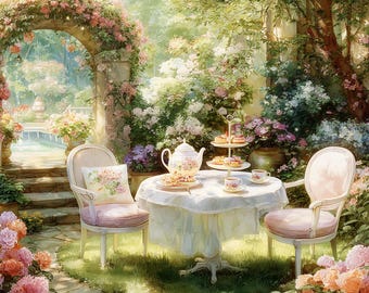 Garden Tea Party Clipart JPG Bundle, Floral Tea Set, Vintage Garden Art, Cottagecore Flowers,  digital download