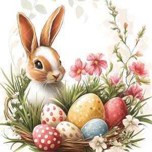 10 adorables lapins de Pâques dans un panier avec des oeufs et des fleurs - Clipart de vacances de printemps pour cartes, travaux manuels et décorations, JPG, oeufs colorés