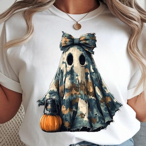 Camouflage ghost PNG – cute spooky ghost with bow, pumpkin and lantern, perfect for Halloween sublimation, shirts, and crafts, Spooky Season