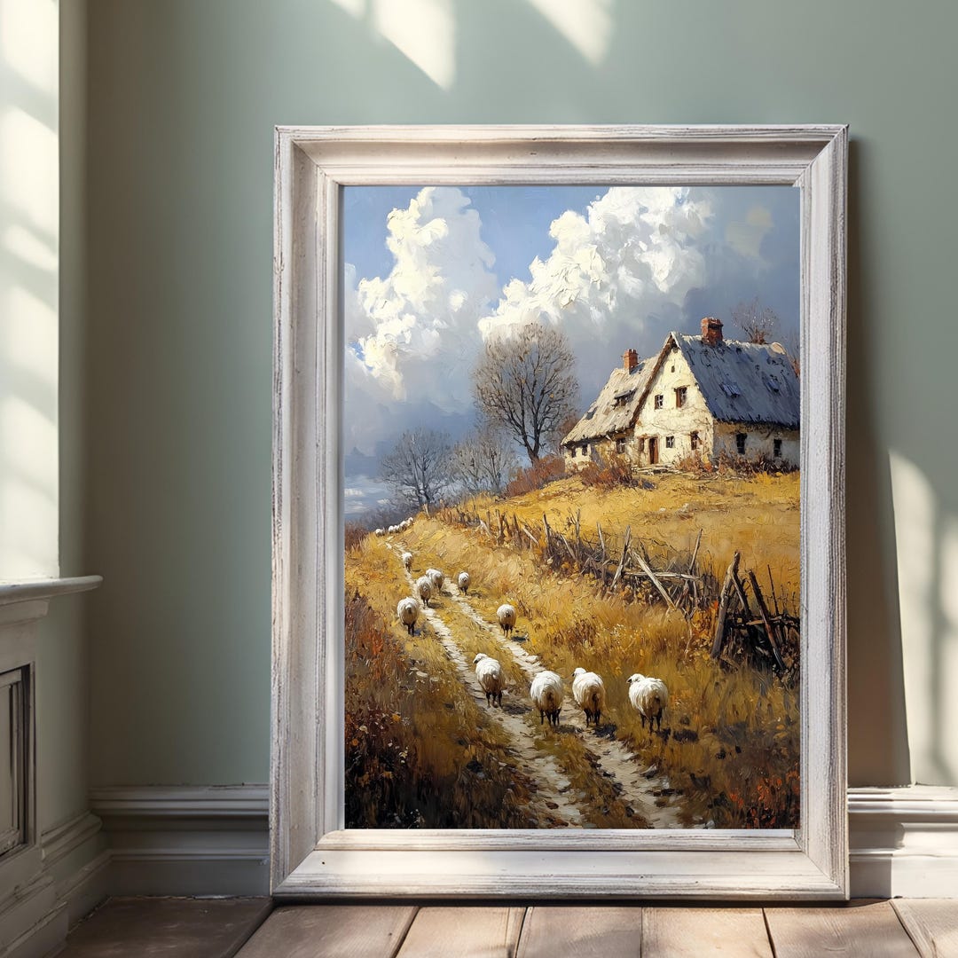 Vintage Sheep Art Landscape Painting, Sheep Grazing Field Print ...