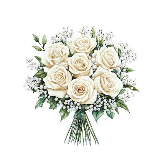 Aquarell Brautstrauß Clipart: Weiße Rosen & Schleierkraut ...