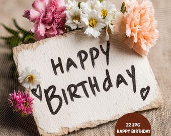 Paquete de 22 imágenes prediseñadas JPG de Feliz Cumpleaños. Gráficos de cumpleaños para descarga digital. Elementos imprimibles. Ilustraciones para fiestas. Uso comercial.