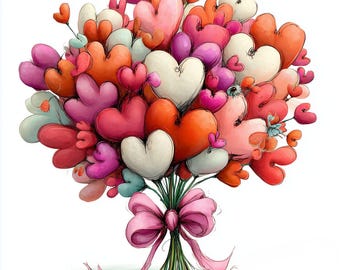 May include: A colorful bouquet of heart-shaped flowers in shades of red, pink, orange, white, and purple. The bouquet is tied with a pink bow and green stems. A whimsical and romantic floral arrangement.