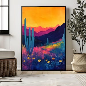 Wüste Sonnenuntergang, abstrakte Kaktus und Wildblumen Landschaftskunst, bunte abstrakte Bergkunst, digitaler Download, Kaktus Kunstwerk, westlichen Stil,