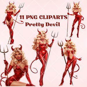 11 PNG Clipart hübsche Teufel im roten Catsuit mit Heugabel, Sexy Clipart, 11 PNG Clipart, schwüle Dämon-Mädchen, rote Teufel dunkel Fantasy Clipart PNG