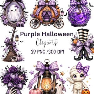 Op de afbeelding: Een verzameling digitale Halloween-clipart met paarse en zwarte thema's. Elementen zijn onder meer een geest in een lijst, een pompoenkoets, een toverdrankfles, een bezemsteel, heksenlaarzen, een bloemenboeket, een lantaarn en een mummie met een pompoenemmer.